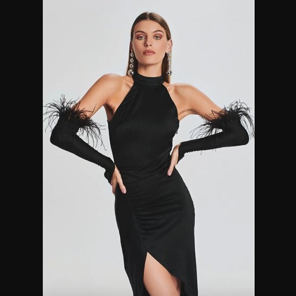 Retrofete Sab Black Satin Maxi Front Slit Bridesmaids Formal Gown Dress L NWT - Picture 2 of 9